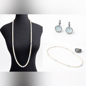 🪵🩵🤍🩶Pearl & Aqua Crystal Jewelry Set – Long Necklace, Earrings & Gemstones Ring